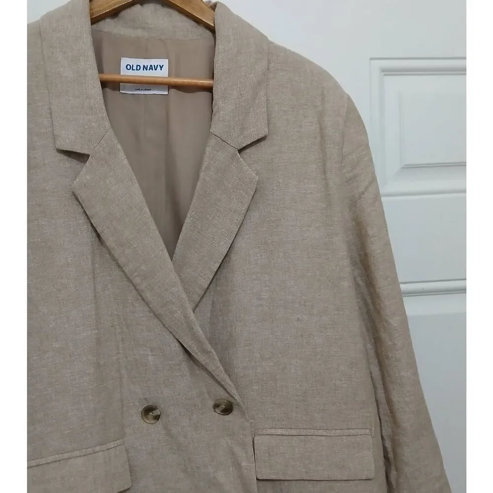 Old navy womens large linen viscose sand tan double Breasted blazer jacket
